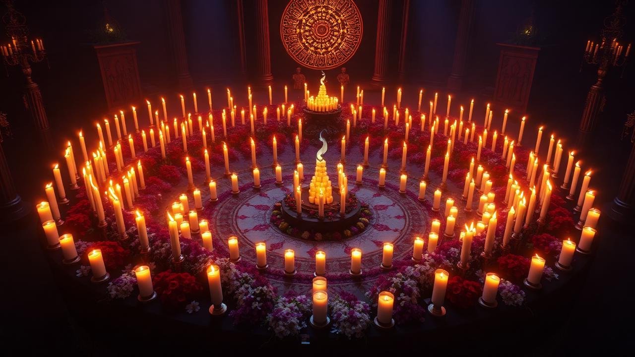 Altar con círculo de velas encendidas