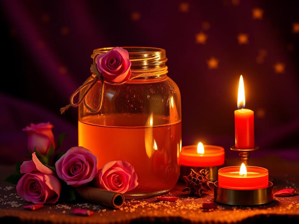Frasco de miel con rosas y velas, ritual de endulzamiento