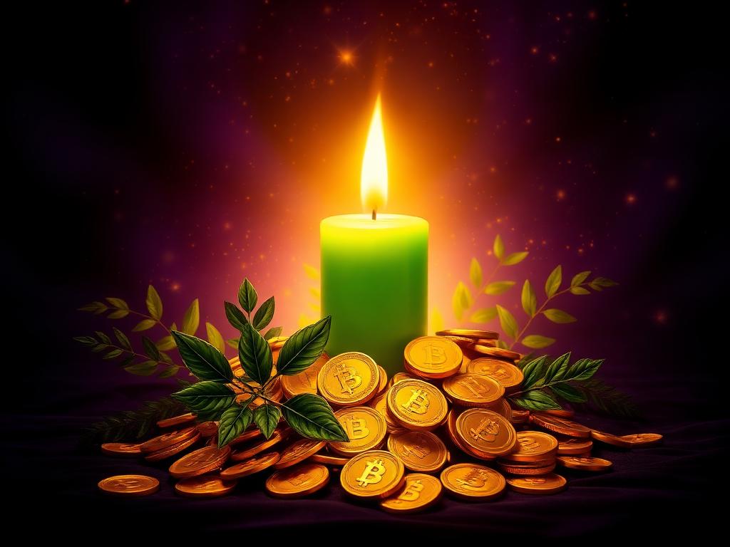 Monedas doradas y vela verde, ritual de prosperidad